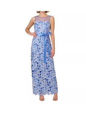 Adrianna Papell Womens Round Neck Tonal Lace Zipper Dress Blue Size 8 Defected